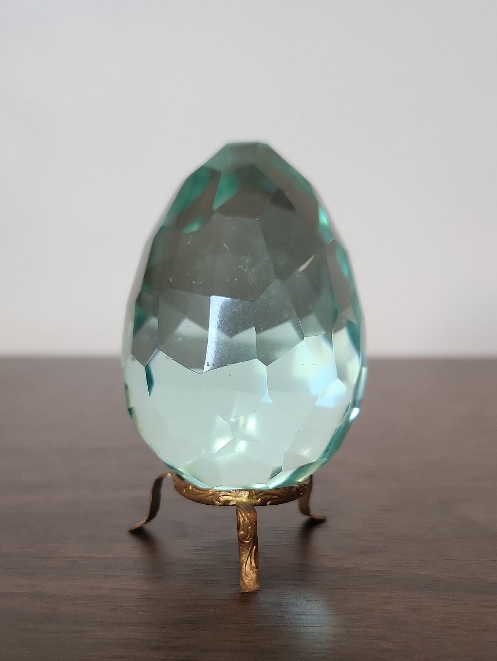 Faceted 3" Aqua Glass Egg on Decorative Gold Stand